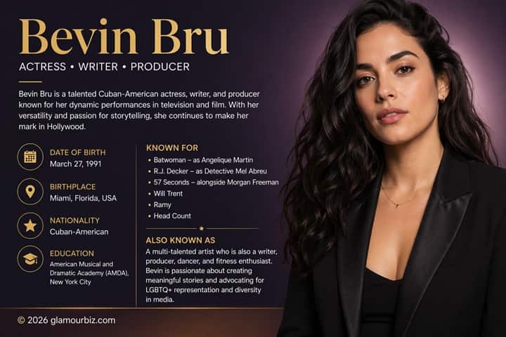 Bevin Bru portrait showcasing Hollywood actress with confident cinematic look