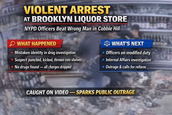 NYPD officers arresting a suspect inside a Brooklyn liquor store during undercover operation controversy.