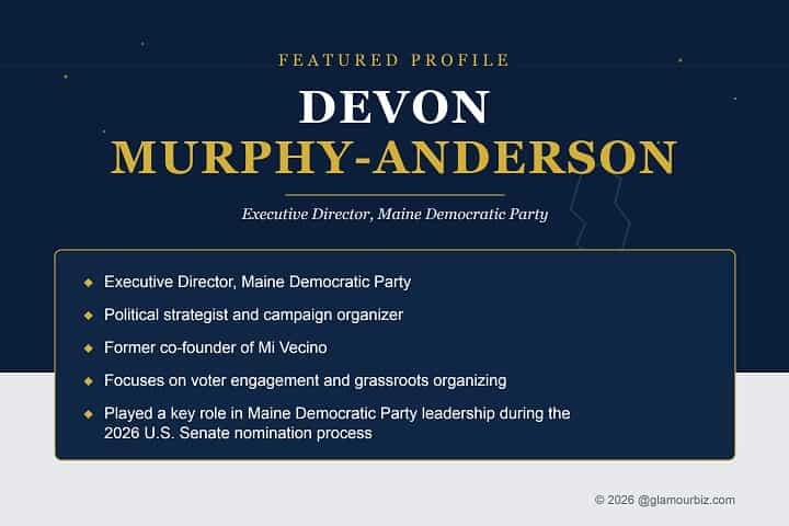 Navy blue infographic featuring Devon Murphy-Anderson, Executive Director of the Maine Democratic Party, with career highlights and Maine state outline
