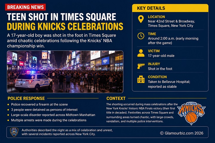 Chaotic nighttime scene in Times Square, New York City during Knicks championship celebration with large crowds, flashing lights, and emergency police presence