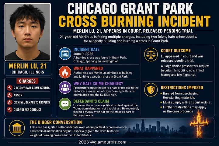 Merlin Lu 21-year-old Naperville man charged with hate crime after burning wooden cross in Chicago Grant Park with MAGA hat on top