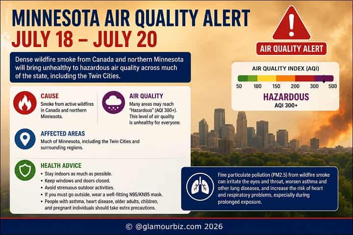 Map showing Minnesota counties under red-level air quality alert due to wildfire smoke, July 18-20, 2026