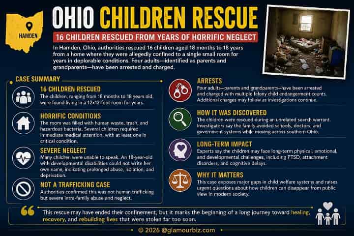 Ohio siblings rescued 2026, Ohio confinement case, Hamden Ohio child abuse, 16 children neglected Ohio, Vinton County child rescue, Ohio family abuse case, Ohio child endangerment charges, rural Ohio horror case, child confinement investigation, Ohio rescue news