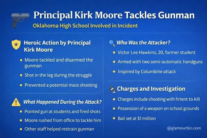 Oklahoma principal shot while stopping former student school attack inside high school hallway.