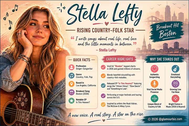 Stella Lefty performing live with acoustic guitar during a concert under warm stage lighting, representing her rise in country pop music