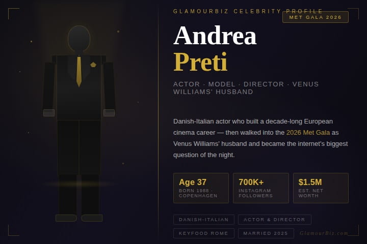 Andrea Preti, Danish-Italian actor and Venus Williams' husband, pictured at the 2026 Met Gala celebrity profile on GlamourBiz