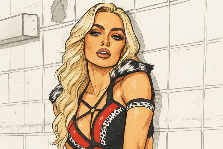 AI illustrated image of Blake Monroe showcasing her glamorous WWE NXT debut look with stylish ring gear and confident pose.