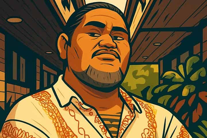 Illustrated image of Polynesian actor David Hekili Kenui Bell wearing a traditional floral shirt, showcasing tribal tattoos and Hawaiian pride in 2025.