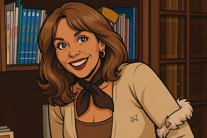AI illustration of Nora Dalmasso smiling in front of a bookshelf