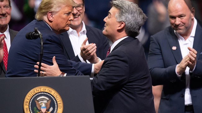 Cory Gardner embraces President Donald Trump diuring a campaign rally at the World Arena in Colorado Springs Monday, February 20, 2020. Photo by Mark Reis