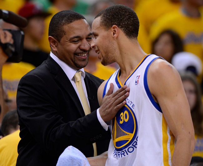 Golden State Warriors' head coach Mark Jackson smiles with Golden State Warriors' Stephen Curry (30) against the Denver Nuggets in the fourth quarter of Game 4 of their first-round NBA basketball playoff series on Sunday, April 28, 2013, in Oakland, Calif.  (Jose Carlos Fajardo/Bay Area News Group)