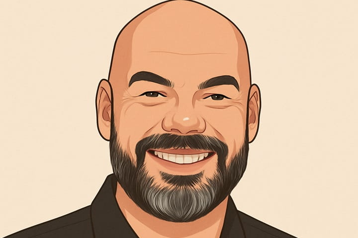 Semi-realistic digital illustration of Aaron Goodwin, TV personality and paranormal investigator known from Ghost Adventures, smiling in a dark shirt.
