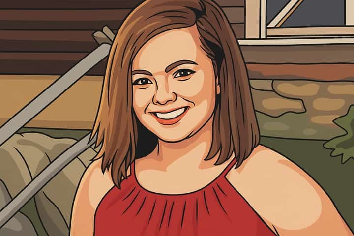 AI-generated illustration of a woman with a shaved head in a courtroom, symbolizing Amanda Riley’s cancer hoax trial and sentencing.