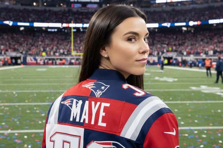 Ann Michael Maye standing on the field at Gillette Stadium wearing a custom patchwork Patriots bomber jacket after the 2026 AFC Championship win.