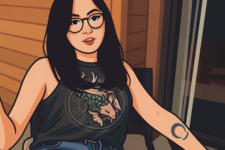 Illustrated portrait of Arden Hart, a nonbinary trans activist and secular humanist, speaking at a community event in Seattle, 2025.