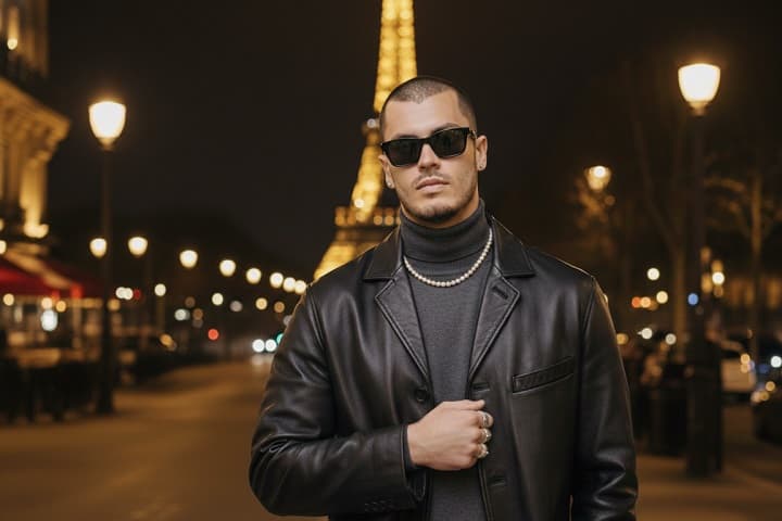 Fashion model Brandon Good in a black leather jacket during a 2026 Paris Fashion Week night shoot; the new boyfriend of RHOSLC star Bronwyn Newport.
