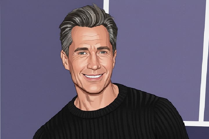 Bruce Bozzi Jr., hospitality executive and Bryan Lourd’s husband, standing in front of The Palm Restaurant with Hollywood city backdrop, 2025 illustration