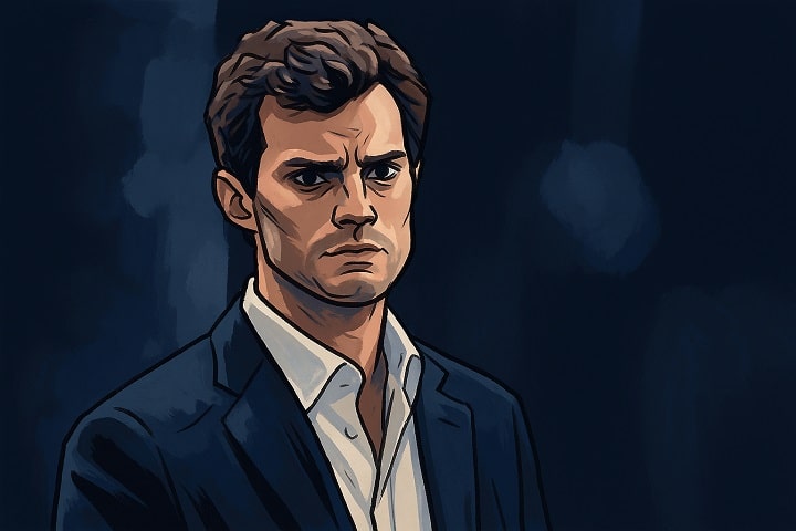 AI-illustrated image of Christian Grey in 2025 wearing a tailored suit, standing in a luxury Seattle penthouse with city skyline in background, symbolizing power, wealth, and emotional complexity.