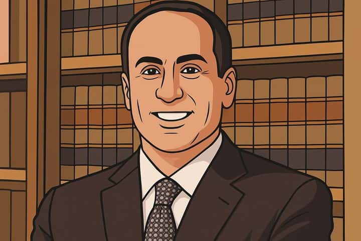 AI-generated illustrated portrait of David R. Yannetti, Boston criminal defense attorney and Karen Read case lawyer, featured in his 2025 biography.