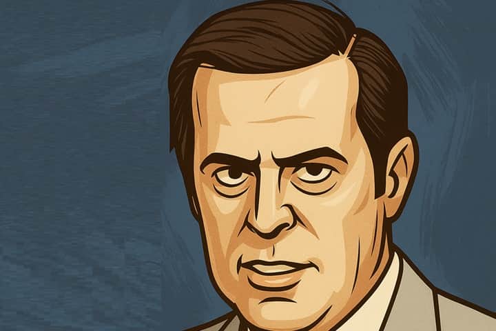 Illustrated image of Dennis DePue, the real-life killer whose 1990 crime inspired Jeepers Creepers, featuring a van, rural road, and abandoned building.