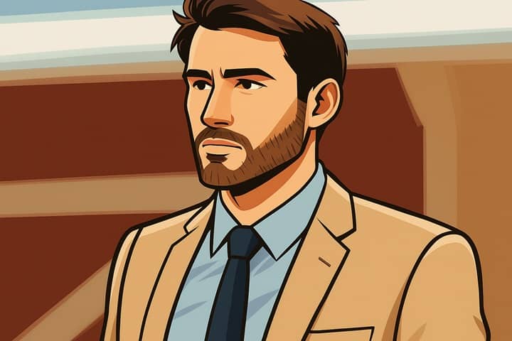 A semi-realistic illustrated image of a stylish young man in a beige blazer and navy tie, inspired by Derek Dixon from The Oval, representing the actor's polished public image in 2025.