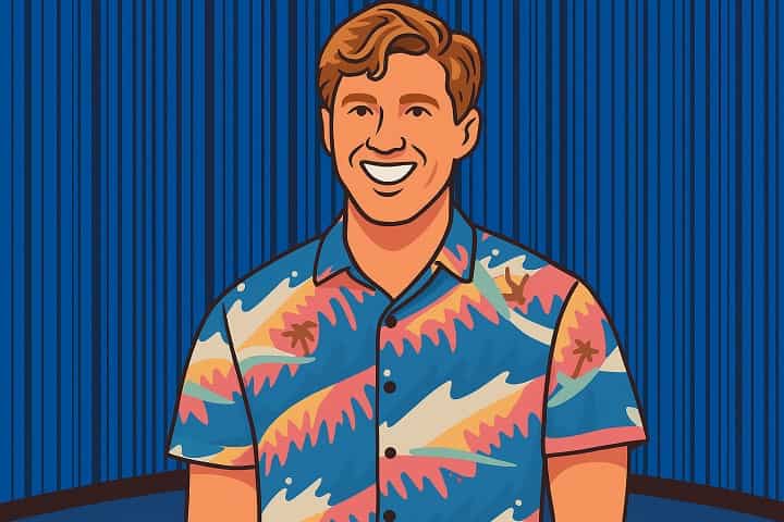 Illustration of a confident journalist holding a microphone, surrounded by rainbow-colored symbols representing LGBTQ+ pride in media.