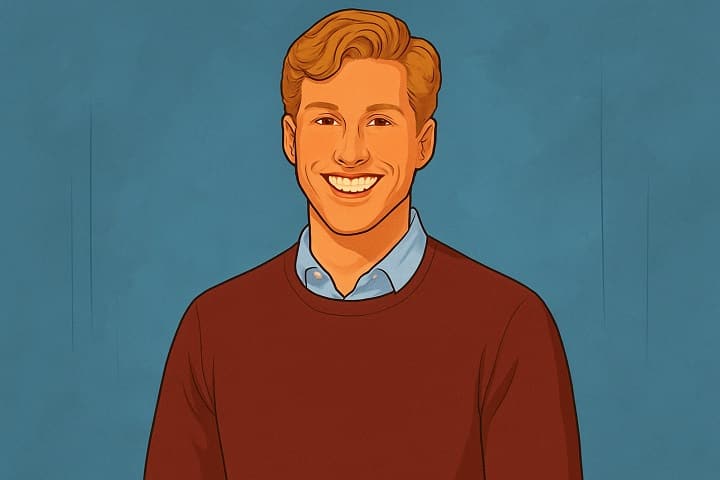 Illustration of Drew Goins, Washington Post Assistant Op-Ed Editor, on the Jeopardy! game show stage in 2025, symbolizing his transition from journalist to TV personality.