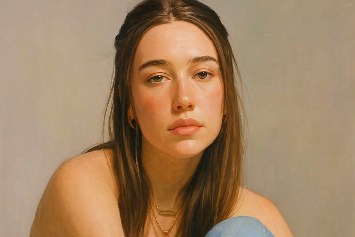 Model and actress Elsie Hewitt promotes mindful living and digital detox routines as part of her 2025 “soft reset” lifestyle movement. Elsie Hewitt illustrated in a calm indoor setting, symbolizing her 2025 lifestyle centered around mindfulness and slow living.