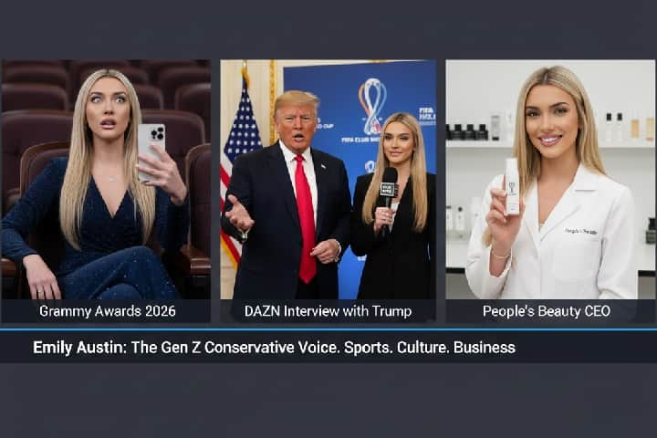 Emily Austin at the 2026 Grammy Awards reaction, DAZN interview with Donald Trump, and People's Beauty skincare founder.