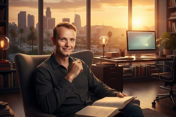 Thriller writer Evan Kilgore sitting in a modern office with a sunset Los Angeles skyline view, holding a screenplay.