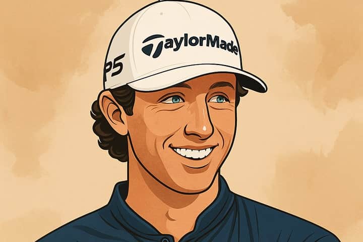 Illustrated portrait of Grant Horvat, a rising golf influencer and YouTube personality, wearing a TaylorMade cap and a teal golf shirt, captured in a semi-realistic style.
