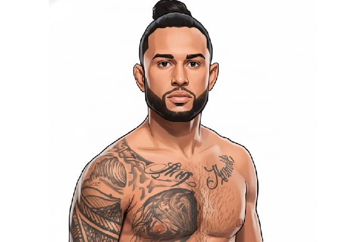 Illustrated portrait of Isaac Dulgarian, Kansas-born UFC featherweight known as "The Midwest Choppa," center of a 2025 betting controversy — fight record and background.