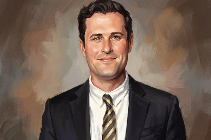 Illustration of Jake Reiner, son of filmmaker Rob Reiner and Michele Singer Reiner, with a backdrop representing his journalism and media career, and subtle references to the 2025 family news.