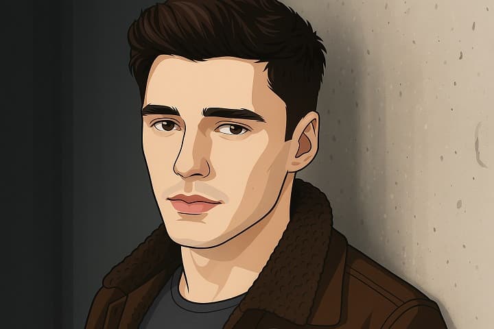 Illustrated portrait of Lachlan Quarmby preparing for a Hallmark film scene in Providence Falls.