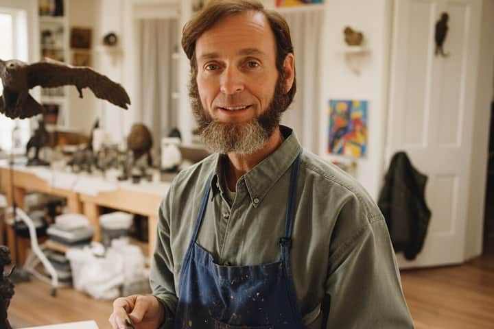 Impressionistic bronze sculpture by Lincoln Fox featuring a Native American figure on a horse with a soaring eagle in a modern fine art gallery.