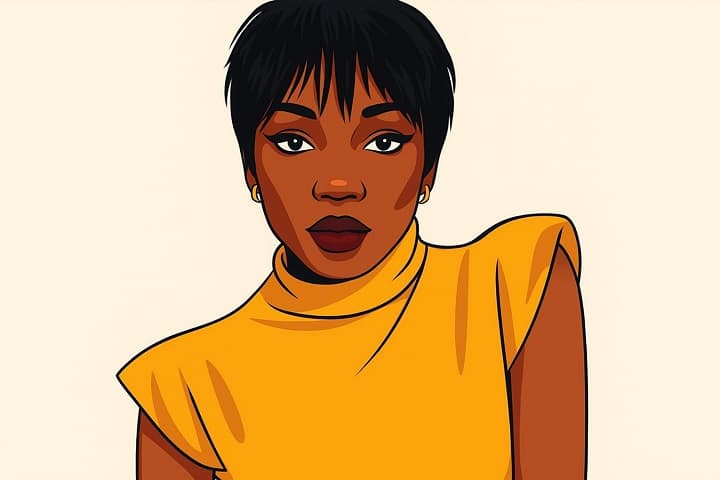 AI-generated illustrated portrait of Loren LoRosa, 2025 podcast host and digital content creator, wearing a stylish outfit with headphones, symbolizing her role as host of The Latest with Loren LoRosa.