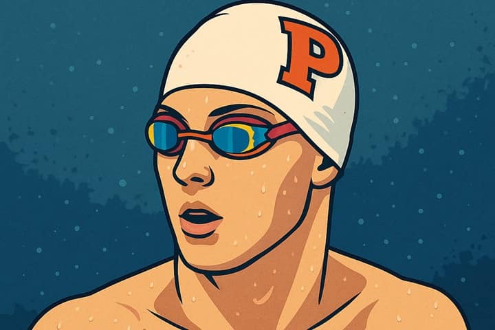 Artistic illustration of a young competitive swimmer in blue swim gear, representing Luka Mijatovic.