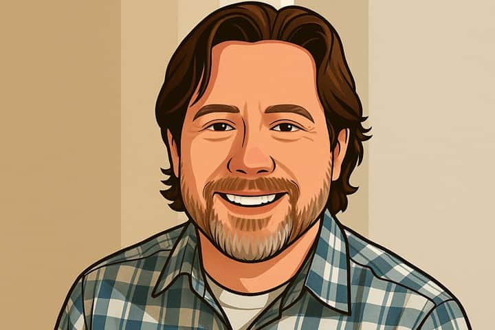 Illustrated portrait of Matthew Jay Povich in a semi-realistic style, wearing a plaid shirt and smiling, created for a biographical profile.