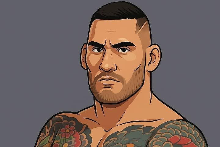 Semi-realistic illustration of UFC fighter Rodolfo Bellato, featuring detailed arm tattoos and LFA gloves, capturing his powerful presence in the MMA light heavyweight division.