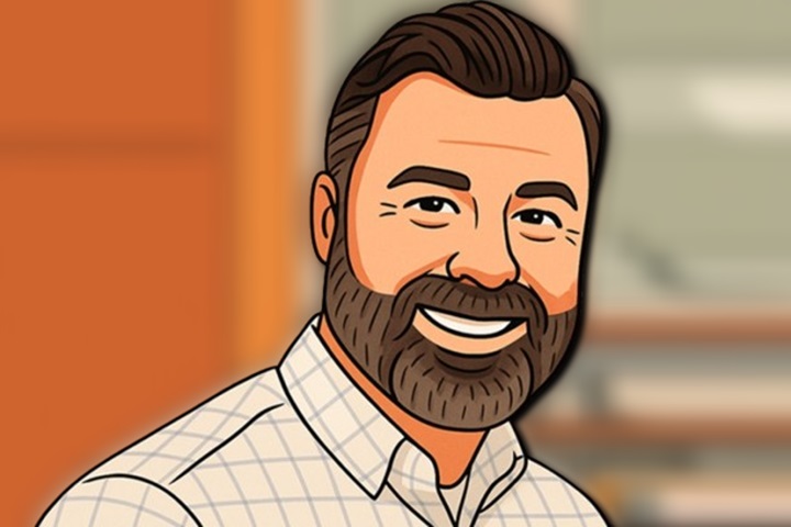 Illustrated portrait of Stuart Claxton, Anne Burrell’s husband, in a checkered shirt inside a kitchen — 2025 digital art style