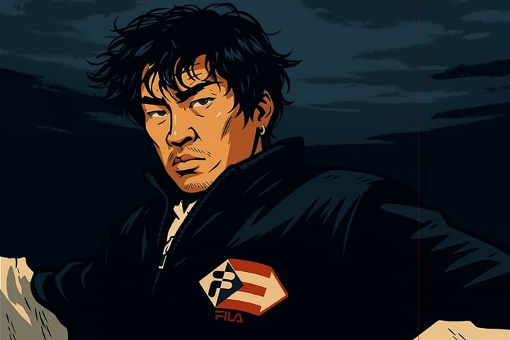 AI-illustrated portrait of Theo Mizuhara, iconic 90s hip-hop radio DJ from KKBT 92.3 “The Beat” in Los Angeles, known for his smooth voice and mysterious persona.