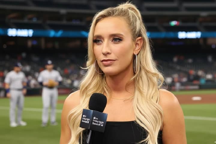 Tricia Whitaker reporting live from the dugout for Apple TV Plus Friday Night Baseball, holding a microphone during a 4K MLB broadcast.