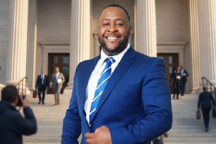 William Stewart standing outside a courthouse in 2026 after winning a defamation lawsuit against Tiffany Haddish.